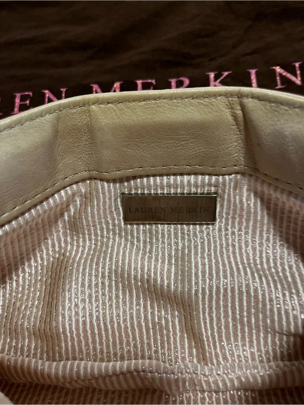 Lauren Merkin Cream Leather Pleated Clutch Handbag w/ Dust Bag
